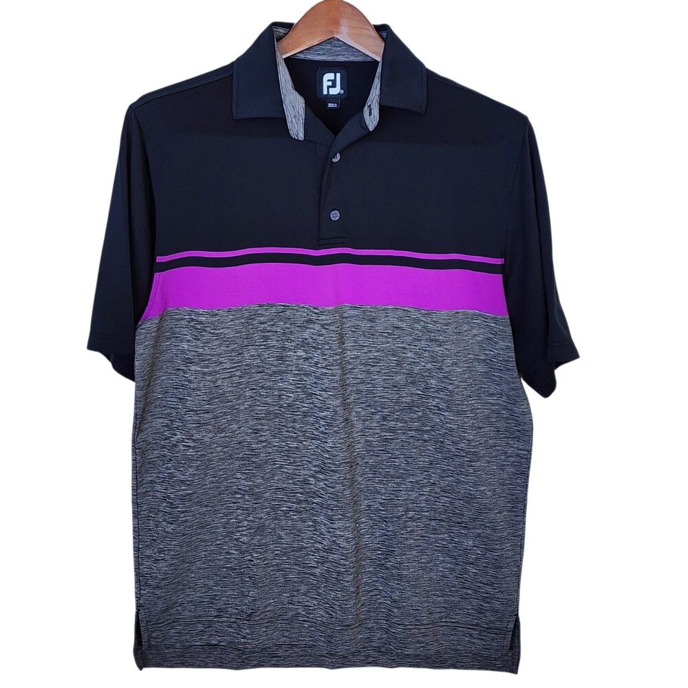 FootJoy ProDry Golf Polo Shirt Mens Medium Black Purple Gray Striped Stretch
